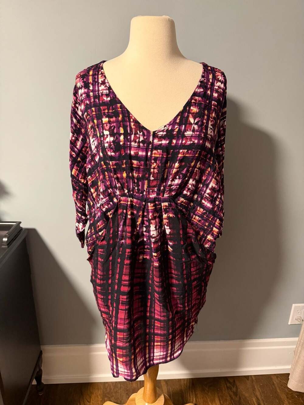 Maeve Cocoon Dress Size Small Purple Plaid Draped Dolman Sleeve